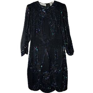 Vtg Lillie Rubin Black Sequin Beaded Cocktail Party Dress‎ Petite Small